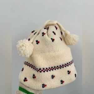 Vintage 70’s Mad Hatter Cream Fair Isle 100% Wool Knit Bobble End Beanie